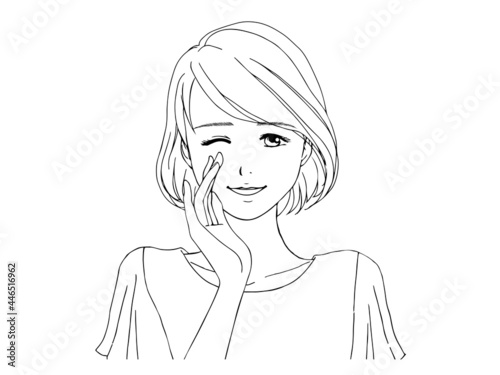 夏服の女性_内緒話_正面_線画