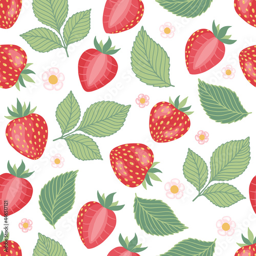 Cartoon bright strawberries seamless pattern. Vector background of fresh farm organic berry used for magazine, book,card, menu cover, web pages.
