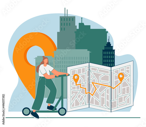 Urban transportation abstract concept vector illustration. Personal electric transport, bike sharing, bike paths network, scooter rental application, book ride online, city map abstract metaphor.