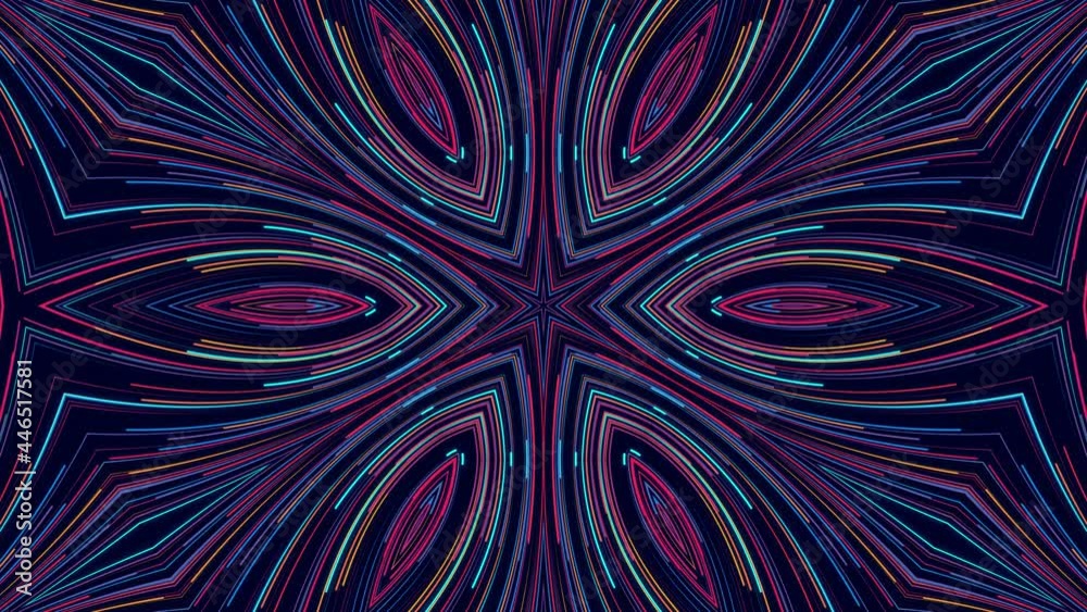 flow of lines form kaleidoscope pattern. 3d abstract bg with glow particles form blue red lines, lines form structure like kaleidoscopic effect. Motion design bg multicolor particles