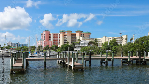 Docks, timeshares, condos, homes and hotels on Fort Myers Beach. Florida, USA. photo