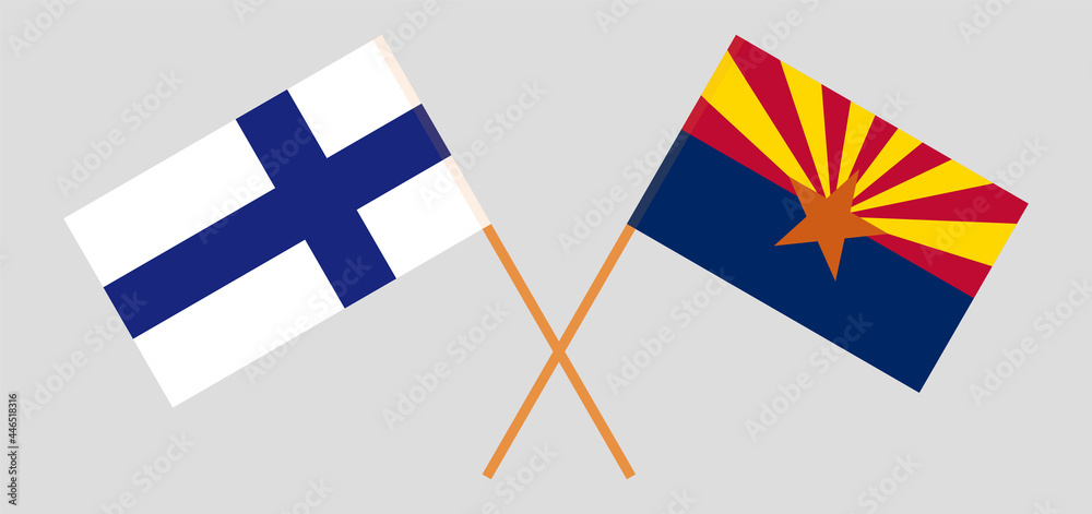 Crossed flags of Finland and the State of Arizona. Official colors. Correct proportion