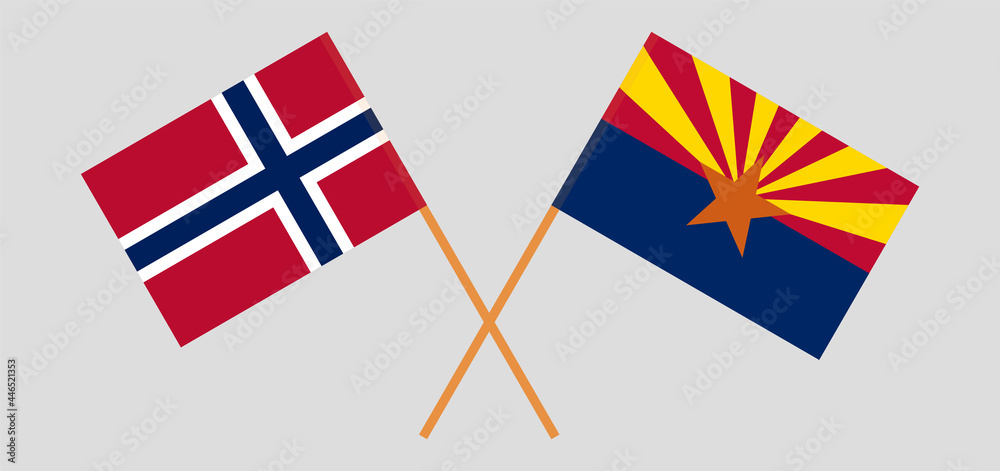 Crossed flags of Norway and the State of Arizona. Official colors. Correct proportion