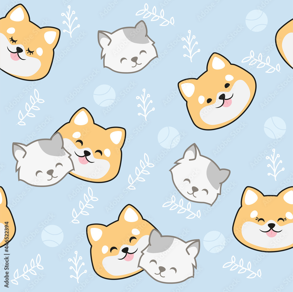 Cat and dog seamless pattern vector. Cute pet mascot illustration.