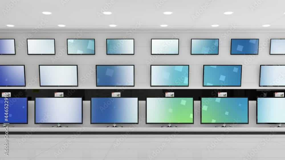 Animation of rows of television sets with glowing blue and green screens in store