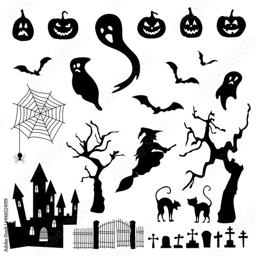 Set of elements for Halloween. Collection of black silhouettes.