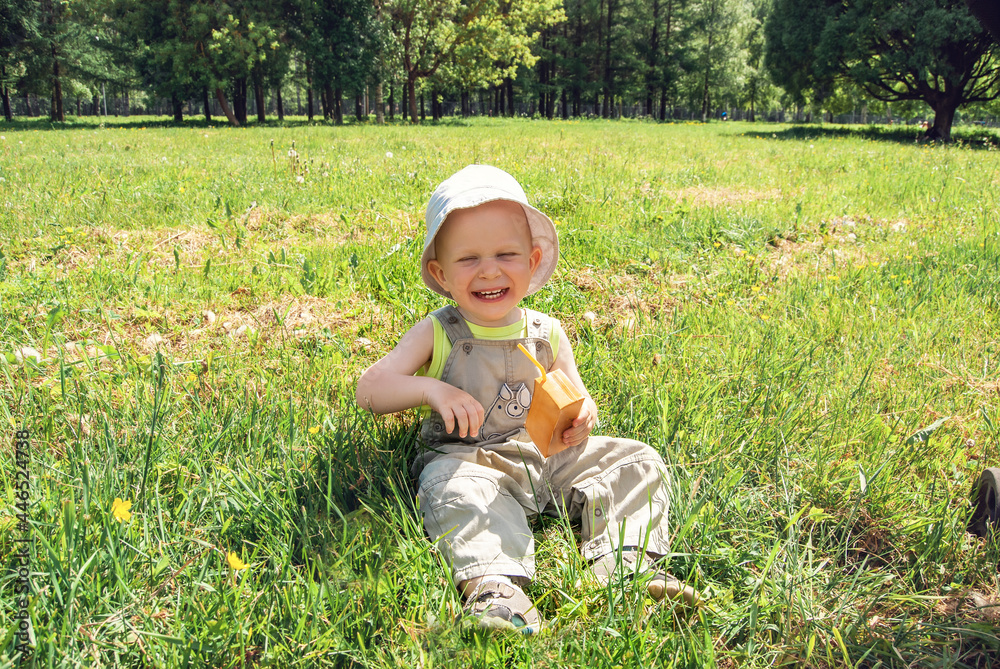 A small laughing child drinks juice from a tube sitting on the grass. Picnic with children in nature in the summer.