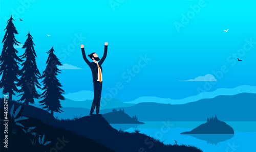 Businessman freedom - Man standing in formal wear outdoors in nature with raised hands, feeling free and happy. Time of work, and furlough concept. Vector illustration photo