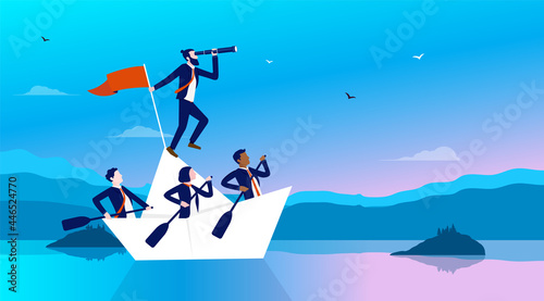 Business leadership - Team of businesspeople in paper ship finding the way forward. Manager and team leader concept, vector illustration