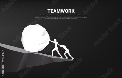 Silhouette of businessman pushing the big rock to falling down the abyss ahead. concept of business challenge and problem.