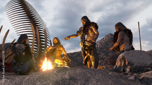 Foto ancient cavemen people sit near a campfire render 3d