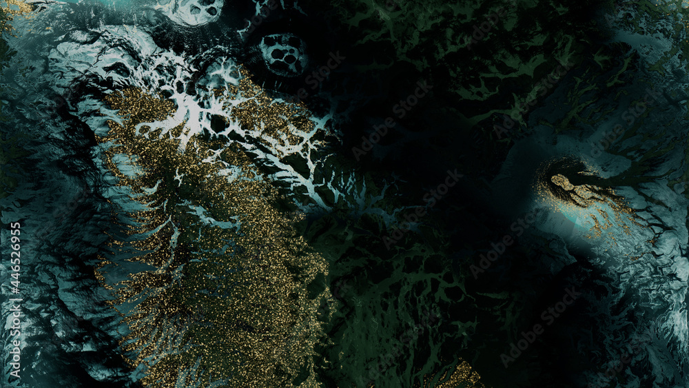 Green and White Abstract Art. Modern Design with Marble Swirls and Agate Ripples. Luxury, Organic Wallpaper with Gold Powder.