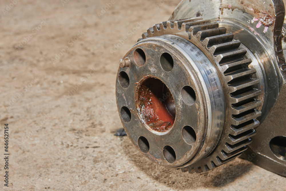 Right Frame Zoom Side View Crankshaft Gear of Truck Engine on Concrete Floor Right Frame Zoom Side View Crankshaft Gear of Truck Engine on Concrete Floor