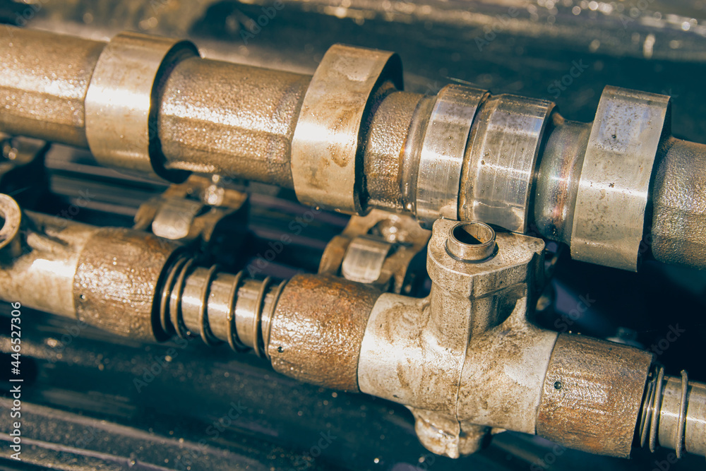 Overhead Camshaft and Rocker Arm and Spring of Car Engine in Vintage Tone