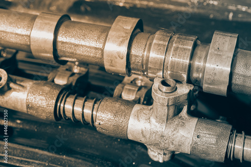 Black and White Overhead Camshaft and Rocker Arm and Spring of Car Engine