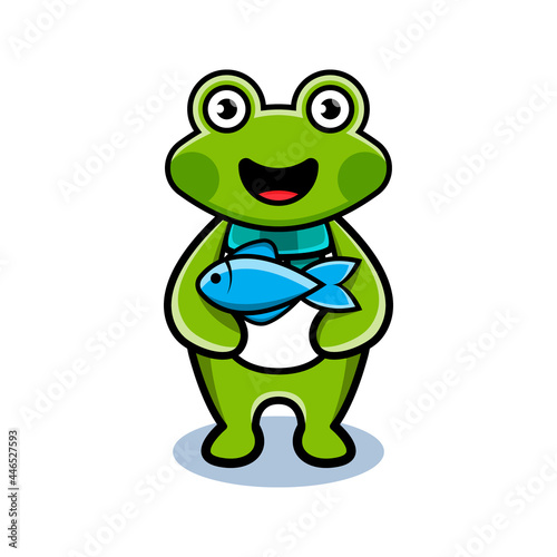 cartoon animal cute frog holding a fish