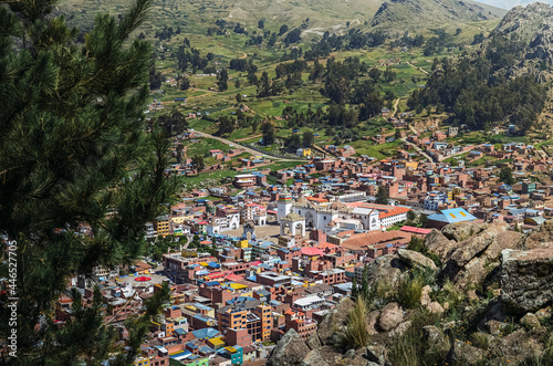 Aerial view of Copacabana town. Buildings, houses and church. Cityscape. La Paz Department, Bolivia © Damián Basante