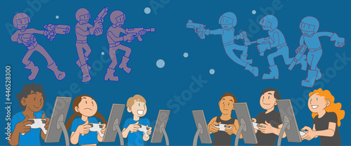 esports　に参加する多民族チームの子供たちのイラスト
