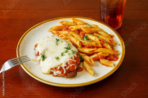 Chicken Parmesan with penne pasta
