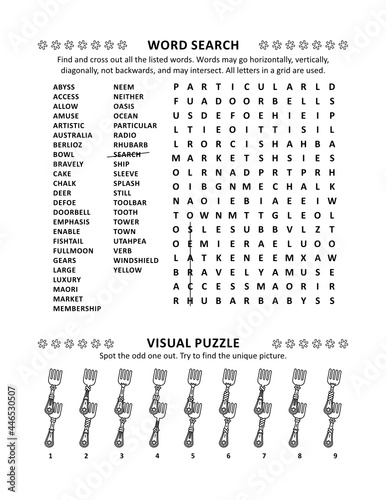 Puzzle page with two brain games: general knowledge non-themed word search puzzle (English language) and visual puzzle with forks. Black and white.
