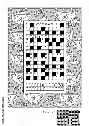 Puzzle and coloring activity page for grown-ups with codebreaker, or codeword, else code cracker word game (English) and wide decorative frame to color. Family friendly. Answer included.
