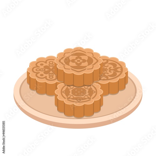 Chinese moon cake with plate, food and dessert illustration, Mid-autumn festival dessert, vector illustration icon cartoon isolated