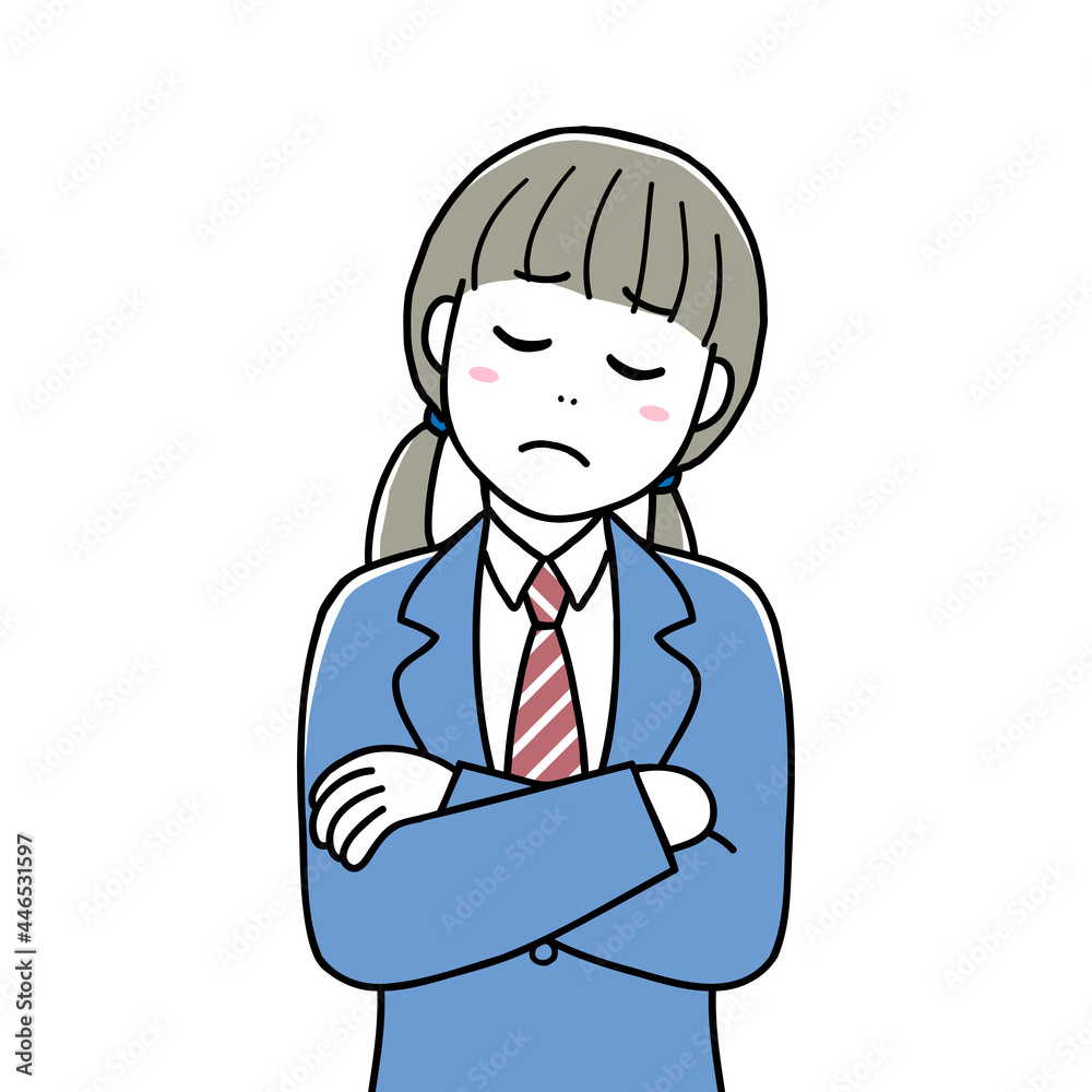 A high school girl thinking something with her arms crossed A high school girl thinking something with her arms crossed