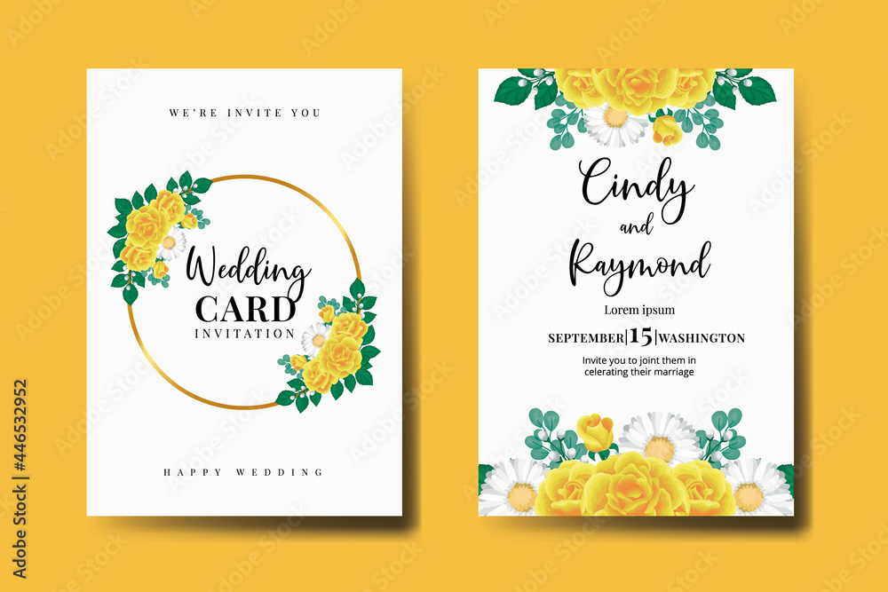 Wedding invitation frame set, floral watercolor Digital hand drawn Yellow Rose Flower design Invitation Card Template