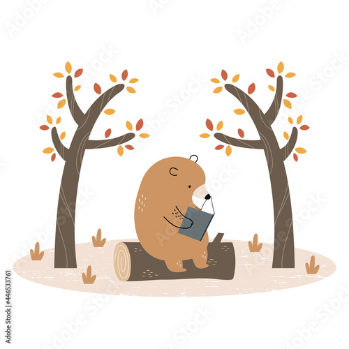 Cute bear reading book in the autumn wood. Vector illustration, isolated on white background.