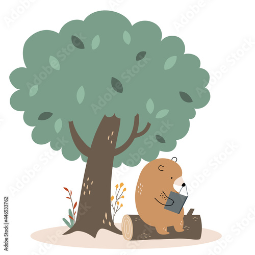 Cute bear reading book under the tree. Vector illustration, isolated on white background.
