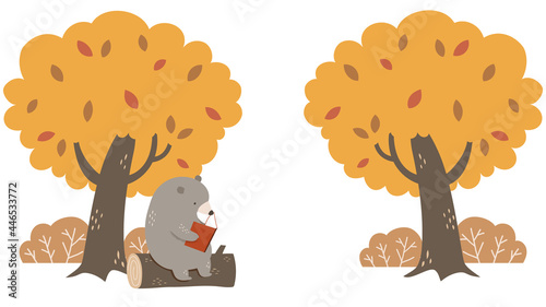 Cute bear reading book in the autumn forest. Vector illustration, isolated on white background.