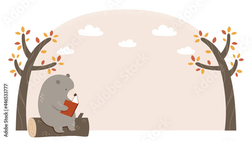 Creative frame design with cute bear reading book and whimsical trees. Vector illustration.
