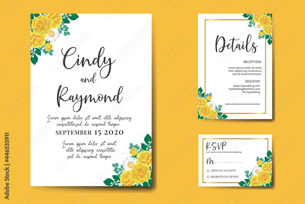 Wedding invitation frame set, floral watercolor Digital hand drawn Yellow Rose Flower design Invitation Card Template