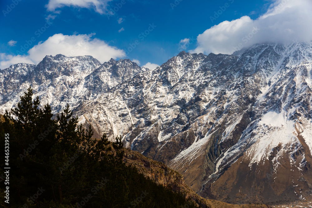 Beautiful mountain landscape of snowy Greater Caucasus ridge at winter sunny day, Georgia