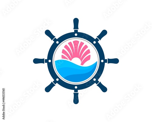 Ship steering wheel with abstract beach wave and clams inside