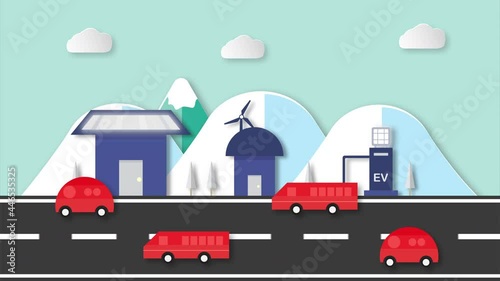 Flat environmental scene with mountain, house, car and road. Scene of cold nature. Renew Energy on home include solar panel and wind turbine. Motion graphic was designed in 4K 30fps.