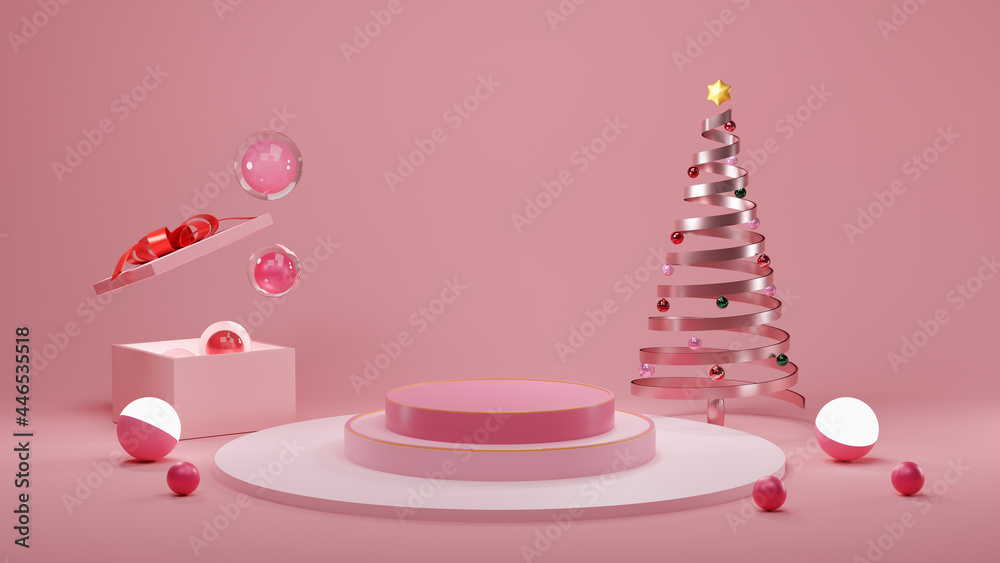 Holiday Christmas pastel color background with a gift box and podium empty with Chrismas tree, Happiness cards, Beautiful luxury New Year and festive, realistic 3d illustration, 3d rendering. Holiday Christmas pastel color background with a gift box and podium empty with Chrismas tree, Happiness cards, Beautiful luxury New Year and festive, realistic 3d illustration, 3d rendering.