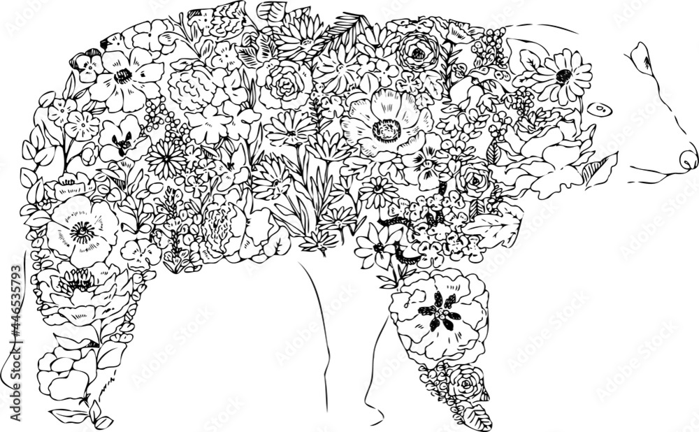 Fototapeta premium 花や葉で作ったシロクマのアートイラスト