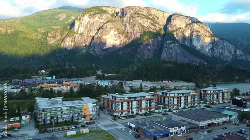 Aerial drone footage the Chief mountain face and near Squamish, BC, at sunset.