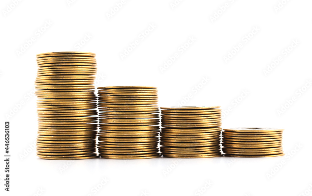 A row of diminishing coins on a white background A row of diminishing coins on a white background