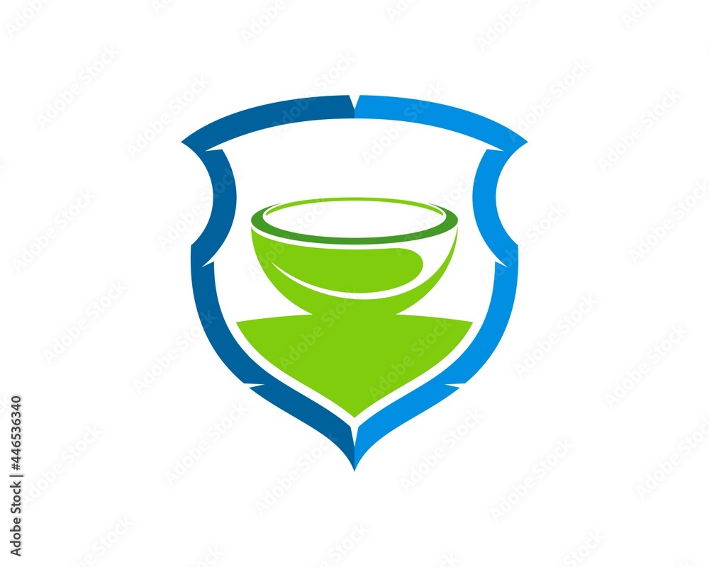 Abstract shield with leaf mortar and pestle inside Abstract shield with leaf mortar and pestle inside