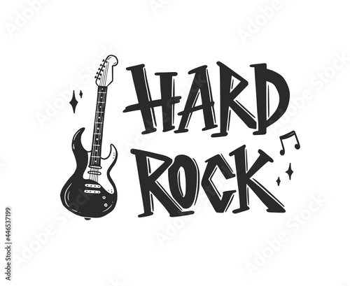 Hand drawn electric guitar with rock text. Doodle sketch style. Drawing line simple guitar poster. Isolated vector illustration.