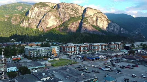 Aerial drone footage the Chief mountain face and near Squamish, BC, at sunset.