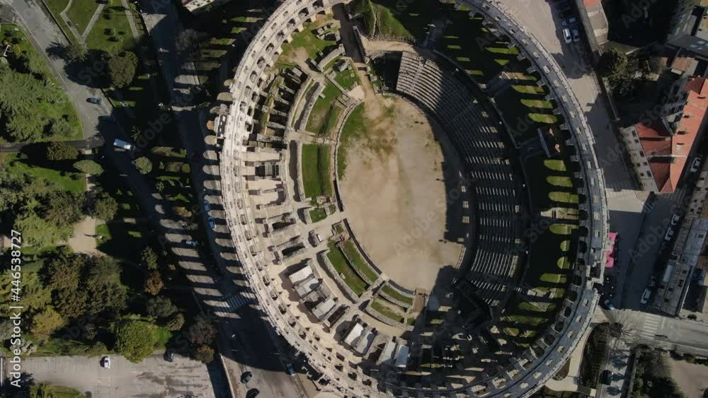 Drone overhead view of roman arena in Pula, Croatia, amphitheater,