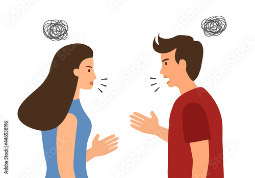 Asian couple fighting in flat design on white background. Arguing man and woman character.