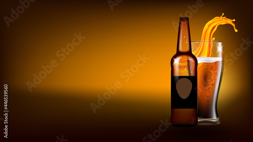 Beer Glass And Blank Bottle Copy Space Vector. Beer Glassware With Splash, Bubbles And Foam. Refreshment Brewed Alcohol Drink Beverage Mug And Packaging Template Realistic 3d Illustration