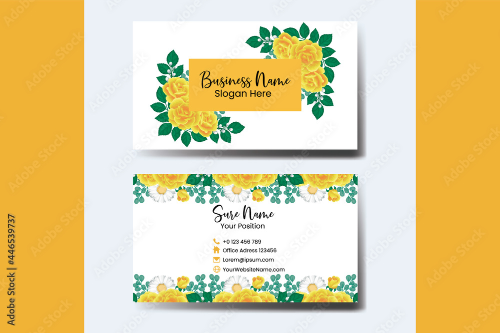 Business Card Template Yellow Rose Flower .Double-sided. Flat Design Vector Illustration. Stationery Design