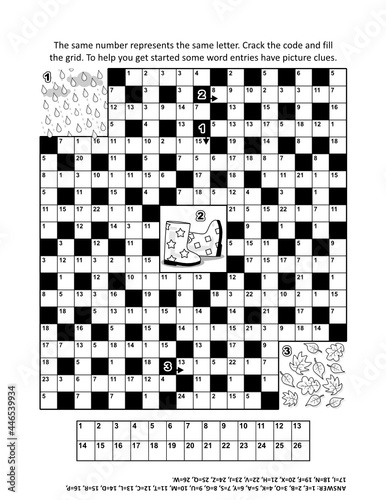 Codebreaker (or codeword, or code cracker) crossword puzzle or word game with 9 autumn themed words and 3 picture clues . Answer included.
