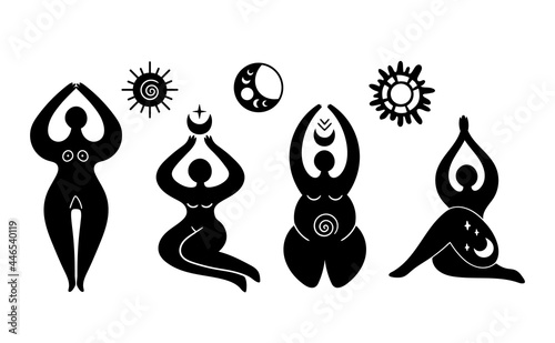 Mystical celestial and solar goddess isolated cliparts bundle, mystical wiccan woman silhouette, female symbol, moon and sun esoteric objects - black and white vector illustration photo