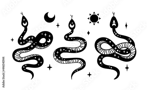 Mystical boho snake isolated cliparts bundle, celestial reptile with sun and moon symbol, space magic serpent silhouette, esoteric objects - black and white vector illustration